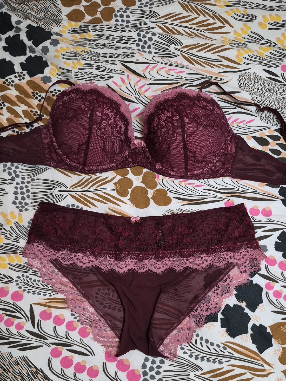 Adore Me Burgundy and Pink Lace Demi Bra & Bikini Set